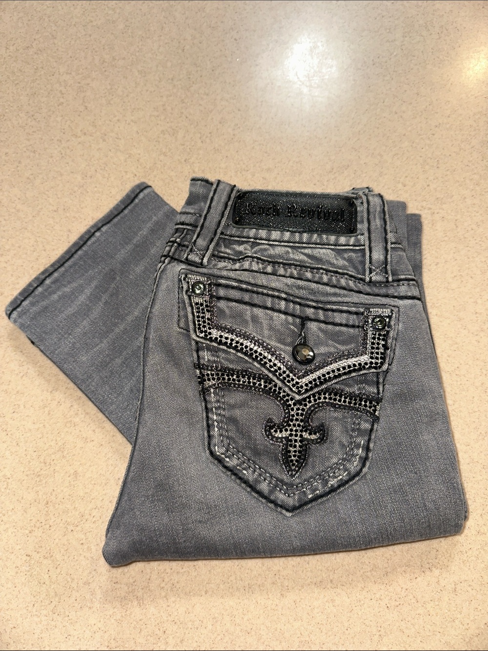 Rock Revival Women’s Gray Straight Jeans with Embellished Back Pocket